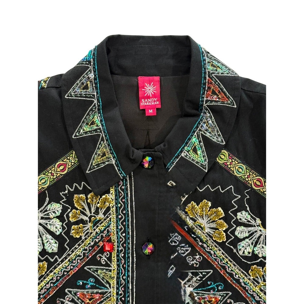 Sandy Starkman Women's Embroidered Beaded Black & Multicolored Jacket Med W451 - Picture 2 of 9